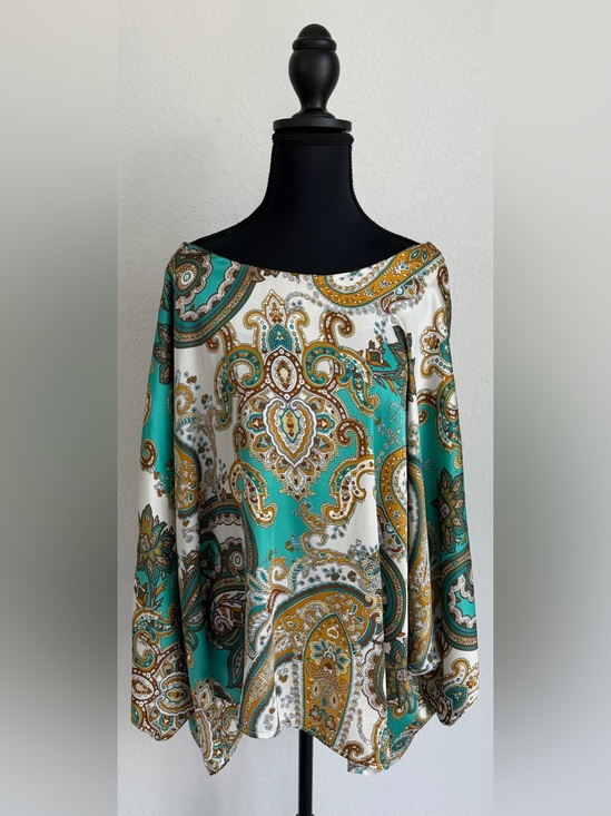 Casting Tops - Casting‎ Women’s Silky Paisley Boatneck Blouse in Teal, Ivory & Gold Hues, OSFM